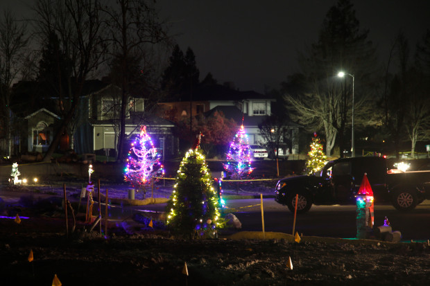 Christmas trees glow in the devastated Coffey Park neighborhood of Santa Rosa, Calif., Tuesday evening, Dec. 12, 2017. Residents have been adding Christmas lights to the barren landscape after a deadly firestorm swept through two months ago. (Karl Mondon/Bay Area News Group)