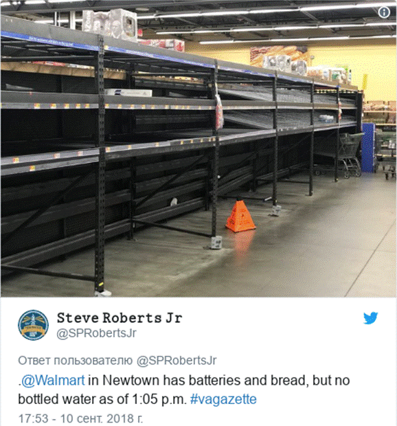 Twitter пост, автор: @SPRobertsJr: .@Walmart in Newtown has batteries and bread, but no bottled water as of 1 05 p.m. #vagazette 